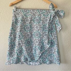 Loft Linen Wrap Mini Skirt Women’s 6 Teal White Paisley Medallion Print Ruffle